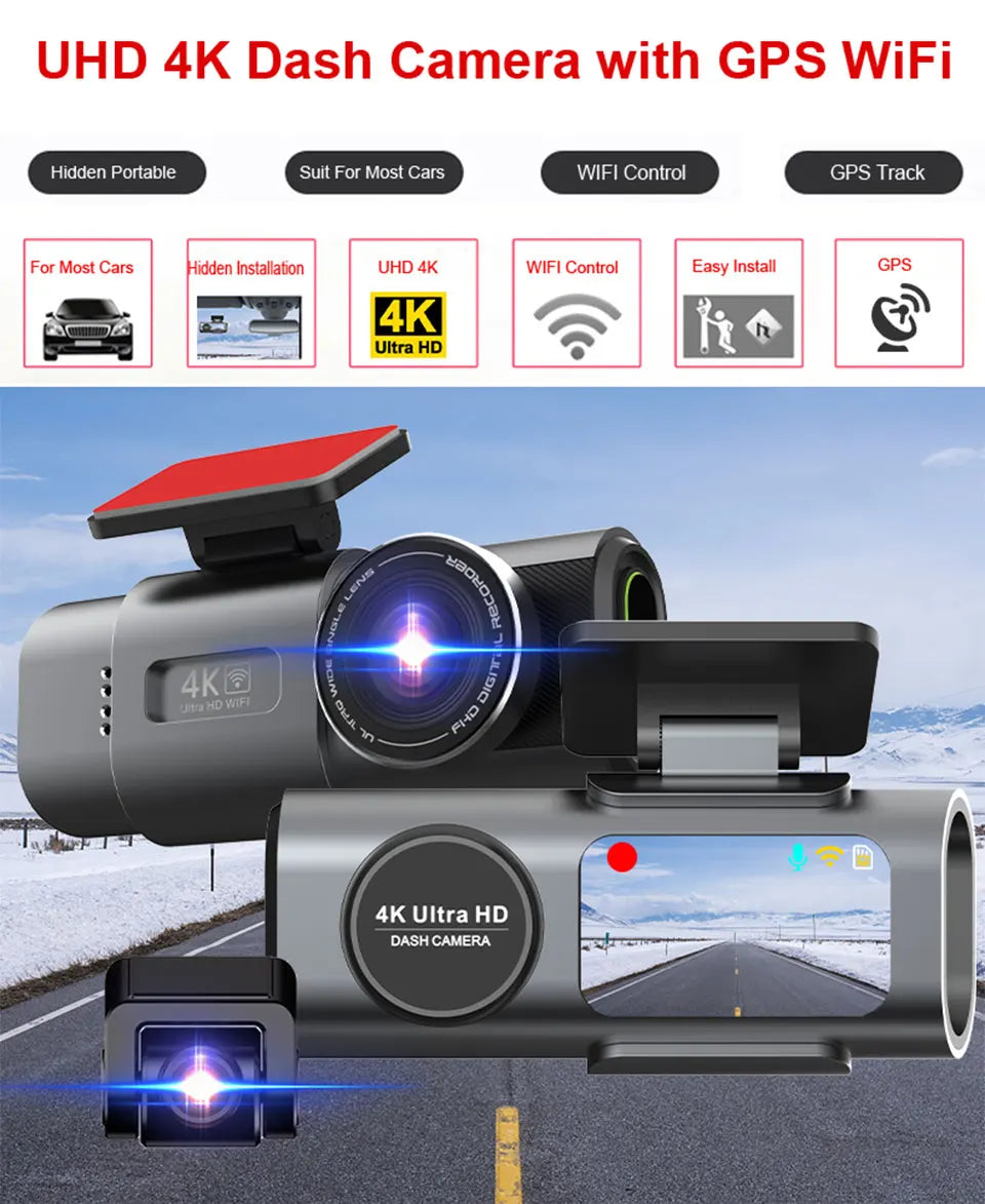 Dash Cam 4K UHD Recording Car Camera DVR Night Vision Built-In Wi-Fi