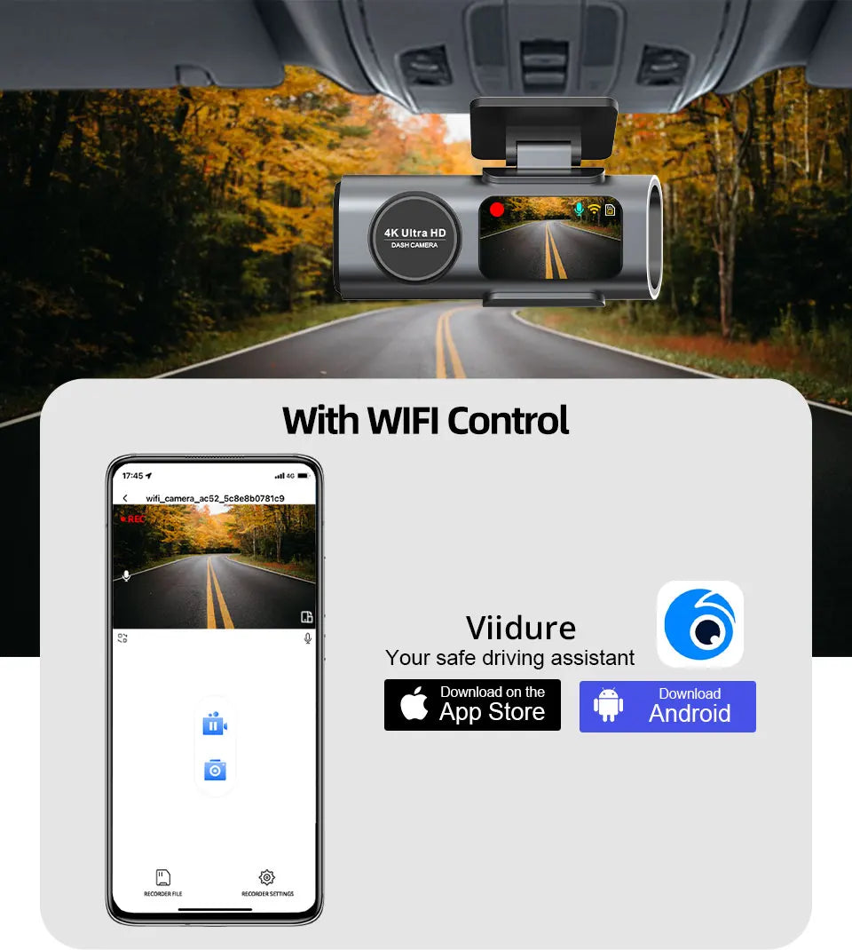 Dash Cam 4K UHD Recording Car Camera DVR Night Vision Built-In Wi-Fi