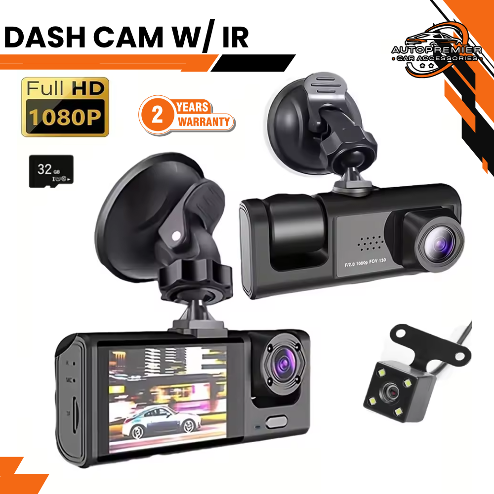 Dash Cam W/ IR Night Vision Loop Recording & 2" IPS Screen 1080P 3 Camera